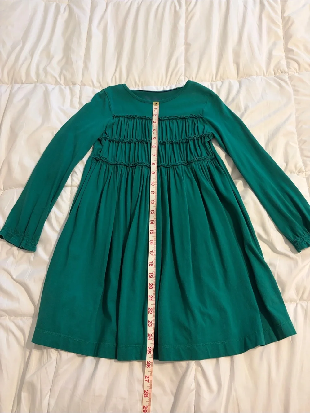 Mini Boden green long-sleeve dress with ruffle trimmed bodice - Size 8-9Y